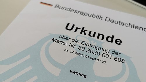 Urkunde der Bundesrepublik Deutschland zur Markeneintragung werning